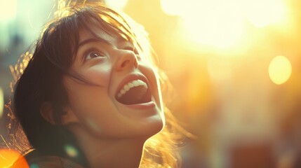 Poster - A woman smiling while looking up at the sun with her hair blowing in the wind, AI