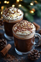 Sticker - Delicious hot chocolate with whipped cream, served in clear mugs against a festive backdrop