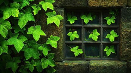 Wall Mural -  A window surrounded by lush greenery, adorned with a verdant vine