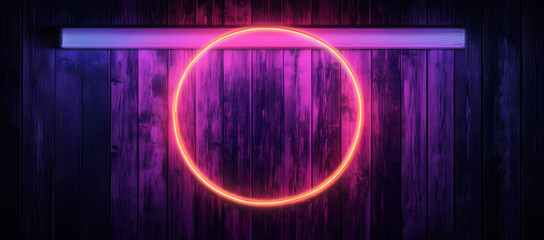 Wall Mural - Neon light on wooden wall background.