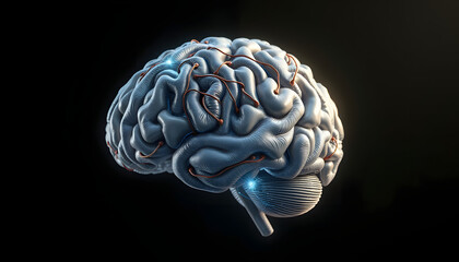 Creative concept of the human brain consisting of fibers, 3d render, rendering isolated with white highlights, png