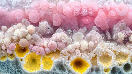   Sea anemones float above water's surface surrounded by yellow and pink bubble clusters