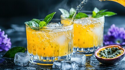 Poster -   A pitcher of orange juice being poured into an ice-filled glass and adorned with green leaves and purple flowers