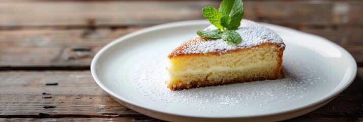 Wall Mural - Succulent sweet cake garnished with fresh green mint leaves on a pristine white ceramic plate, a timeless dessert choice.