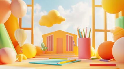 Wall Mural - A room with balloons, pencils and a house in the background, AI