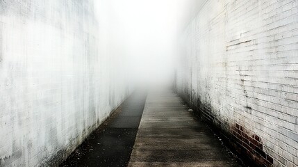 Wall Mural -   A white brick wall next to a sidewalk with a fire hydrant in its center, shrouded by foggy air