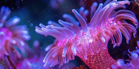 Poster - Anemone tentacles glowing under UV light due to fluorescent proteins Purpose of this phenomenon remains a mystery