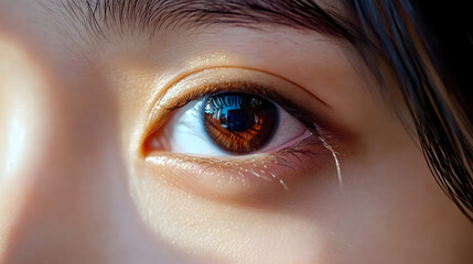 Wall Mural - Beautiful brown Asian Eye Close Up. Female sight closeup. Girl blink, looking, macro view.