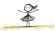 © khonkangrua - A simple and cute hand-drawn illustration of a little girl with a dress and arms outstretched, standing on a plain background.