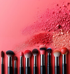 Colorful pigment powders are scattered on a vibrant pink surface, neatly arranged with a set of makeup brushes