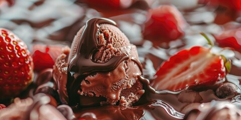 Wall Mural - Close up photo of frozen ice cream with chocolate cream and strawberry