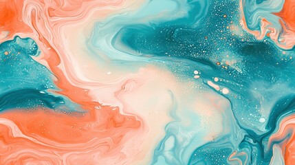 Wall Mural -   Blue, orange, and pink abstract painting with bubbles on the bottom