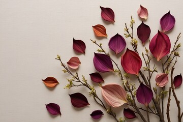 Rustic Petals and Spring Branches: Textured Floral Arrangement on Light Canvas