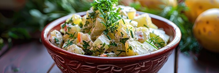 Wall Mural - Classic salad served in a vibrant red bowl