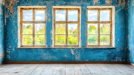 Sticker -   A blue-walled room with three glass panes on a wooden floor in front of it