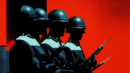 Four police officers standing guard with bayonets on red background