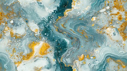 Sticker -   Close-up of abstract painting with blue and yellow paint, white and gold flecks