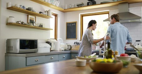 Canvas Print - Man, woman and cooking with taste spoon, kitchen and food for lunch, smile and yes for approval. Couple, happy together and hungry in home, weekend and bond for meal, house and romantic partner