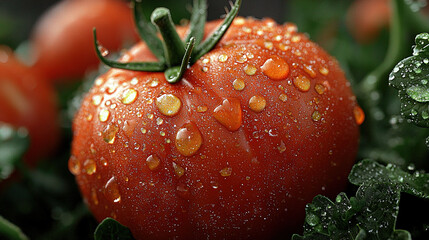 Poster -   A high-resolution macro shot of a ripe red tomato with glistening water droplets on its shiny skin, framed by lush, vibrant green foliage