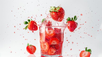 Poster - Fresh Strawberries Splashing into a Glass of Water