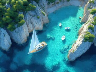 Sticker - Aerial view of serene turquoise cove with sailing boats and yachts surrounded by rocky cliffs and lush greenery, encapsulating serene beauty