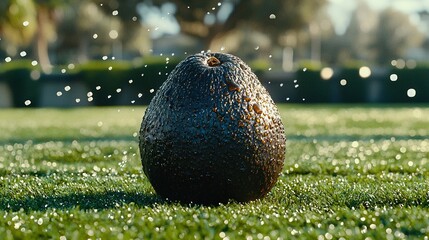  A black object occupies the center of a lush green field, dotted with water