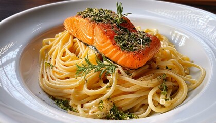 Wall Mural - Plate of pasta with seasoned, herbed and spiced, salmon