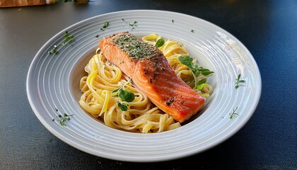 Wall Mural - Plate of pasta with seasoned, herbed and spiced, salmon