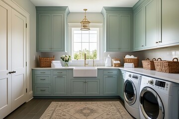 Elegant and Calming Laundry Room Decor with Pristine Appliances and Tidy Design