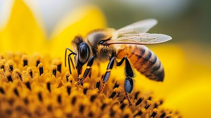 Close-up of a honey bee collecting nectar on a vibrant sunflower ideal for nature-themed wallpapers