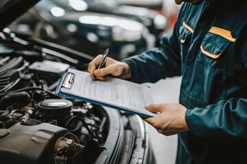 Automobile repairman reviews job checklist while inspecting engine at vehicle garage for maintenance