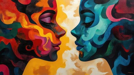  Two Abstract Faces Communicating Through Vibrant Colors and Shapes, Creating a Visually Engaging Display of Connection and Expression