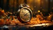 © shahar - Concept, daylight saving time. Sommer time, winter time, changeover, switch of time. Sommer or winter time. Clock as a timer for celebrations. Autumnal forest and leaves.