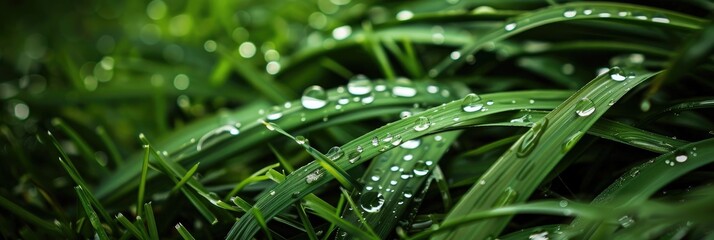 Wall Mural - Raindrops on vibrant green grass in a picturesque garden