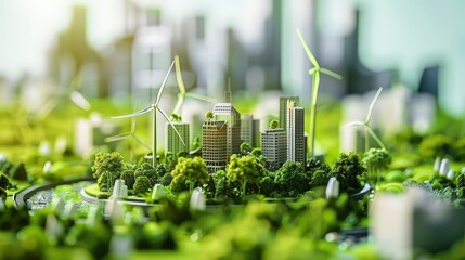 Wall Mural - A miniature model of a sustainable city with green spaces, wind turbines, and modern buildings.