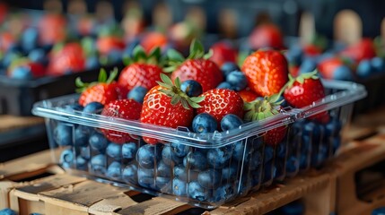 Wall Mural - A tray of blueberries and strawberries