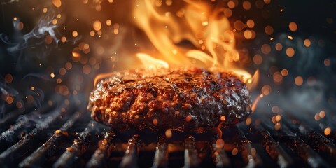 Canvas Print - BBQ Grill Cooking Beef Burger with Orange Flames at Picnic Cookout