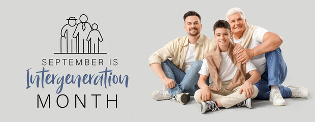 Canvas Print - Teenage boy with his dad and grandfather sitting on light background