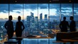 © Ti Studio - Consultants discussing corporate restructuring plans with executives in a high-rise office, city view in the background