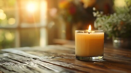 Wall Mural - A candle is lit in a glass on a wooden table