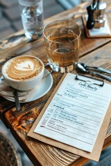 Wall Mural - A cup of coffee and a menu placed on a wooden table