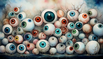 Wall full of multicolor eyeballs, scary vintage watercolor illustration for Halloween day, Can be used as wallpaper, poster, banner, invitation or greeting card