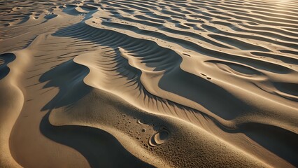 Aerial view of a desert landscape with rolling sand dunes.