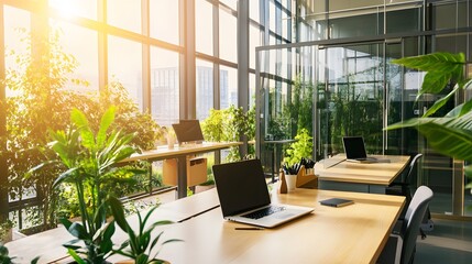 Wall Mural - Modern office workspace with large windows, natural light, and plants.