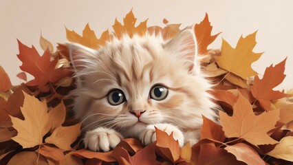 Wall Mural - cat with autumn leaves