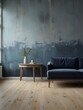 © Borys - Worn effect wall in pastel blue and deep blue in a modern living room with light wooden floor and large window