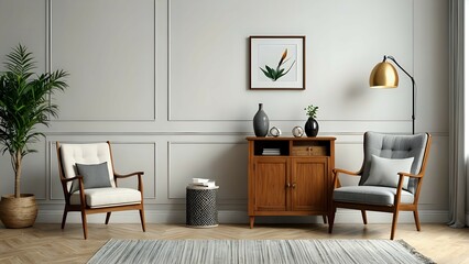 Elegant living room with two armchairs, a side table and a cabinet.