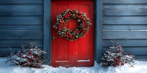 Wall Mural - Red door decorated with Christmas wreath covered in snow