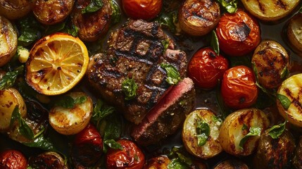 A close up of a steak and potatoes with lemon slices, AI