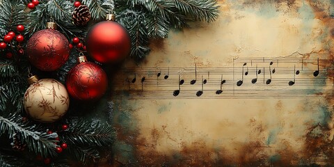 Wall Mural - Nostalgic Christmas scene with ornaments, music notes, and aged paper texture.